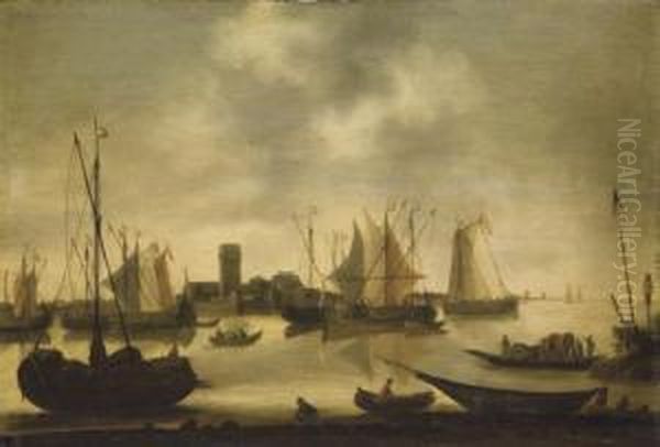 Shipping An Estuary, By A Walled Town Oil Painting by Hendrick Dubbels