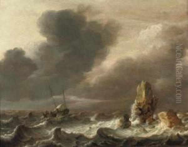 A Sailing Vessel In Choppy Waters, Rocks Nearby Oil Painting by Hendrick Dubbels