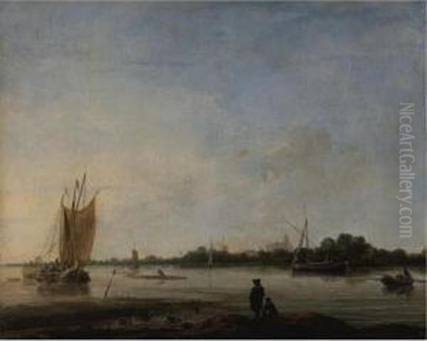 View Of A River With Boats And Figures And A Town In The Distance Oil Painting by Hendrick Dubbels