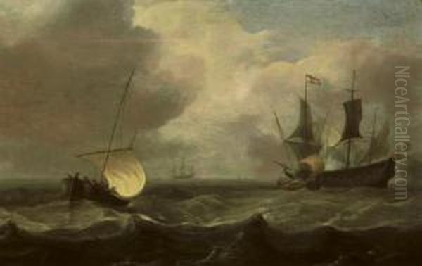 Sailing Vessels In A Stiff Breeze With A Man O'war Firing A Salute Oil Painting by Hendrick Dubbels