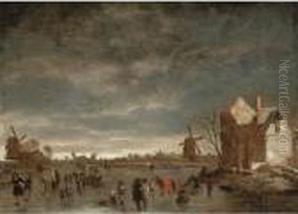 A Winter Landscape With Skaters On A Frozen Lake Oil Painting by Hendrick Dubbels