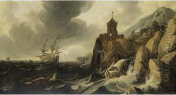 A Stormy Coastal Seascape With Ships On The Rocks Before A Town Oil Painting by Hendrick Dubbels