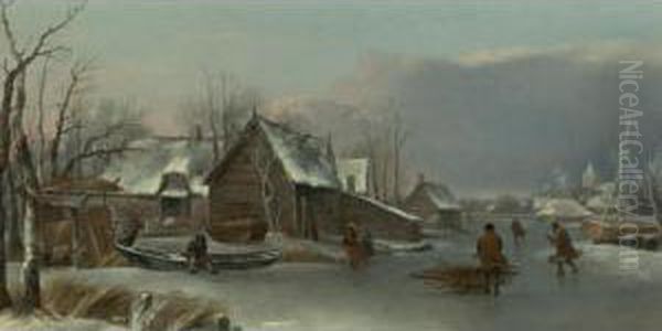 A Winter Landscape With Figures On A Frozen Inlet Oil Painting by Hendrick Dubbels