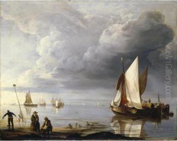 Small Dutch Vessels In A Calm, Men Collecting Mussels On The Shore Oil Painting by Hendrick Dubbels