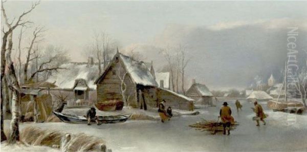 A Winter Landscape With Figures On A Frozen Inlet Oil Painting by Hendrick Dubbels