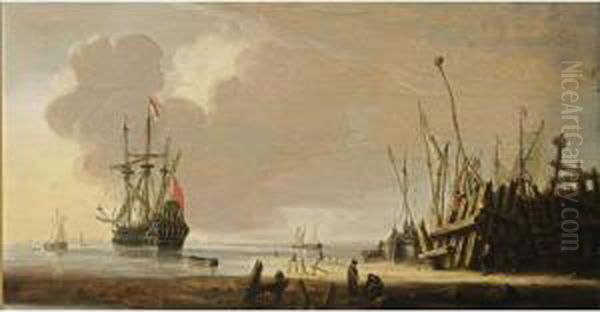 A Man-of-war In Calm Waters 
Together With Other Vessels, Other Sailing Boats Moored At A Quay In The
 Foreground Oil Painting by Hendrick Dubbels