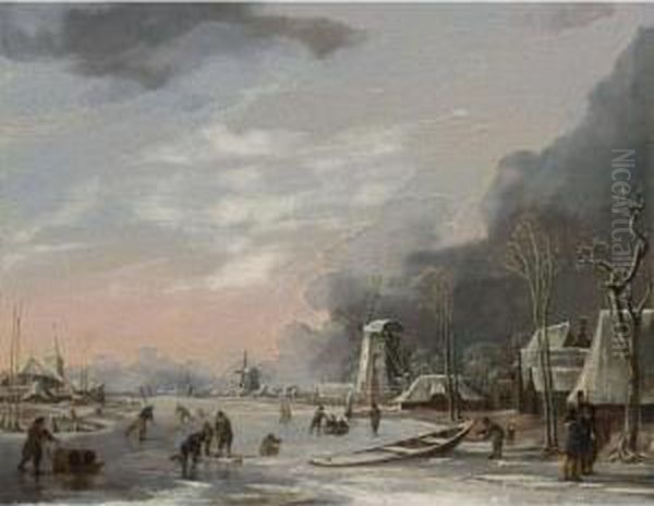 A Winter Landscape With Figures 
Skating, Playing Kolf And Pushings Sleighs On The Ice, Windmills, A 
Church And Houses Beyond At Sunset Oil Painting by Hendrick Dubbels