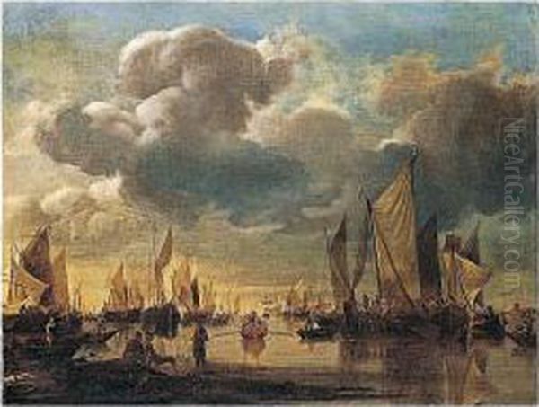 Dutch Shipping Offshore In A 
Calm, With A Dignitary Being Conveyed In A Rowing Boat To A States Yacht Oil Painting by Hendrick Dubbels