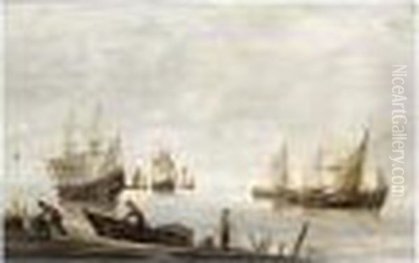 Fishermen Fishing And Unloading Their Catch In The Foreground Oil Painting by Hendrick Dubbels