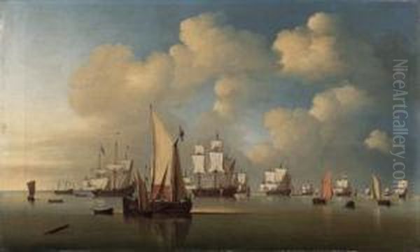 English And Dutch Men-o'war And Other Shipping In A Calm Oil Painting by Hendrick Dubbels