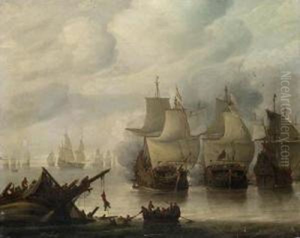 A Naval Battle Between English 
And Dutch Fleets In A Calm, Sailorsabandoning A Wreck In The Foreground Oil Painting by Hendrick Dubbels