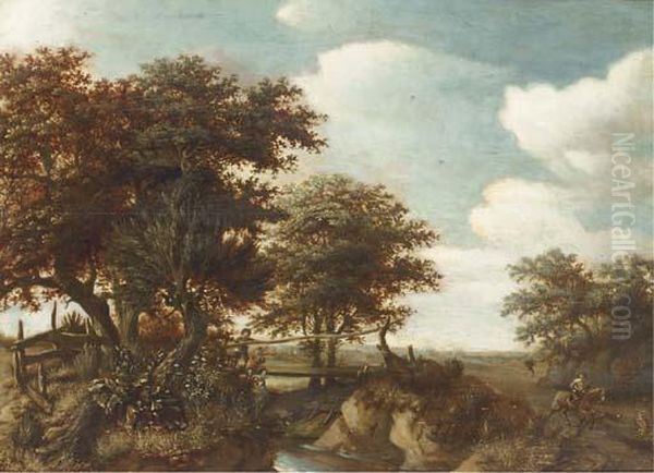 Peasants Fishing Off A Bridge In A Wooded Landscape Oil Painting by Guillam de Vos