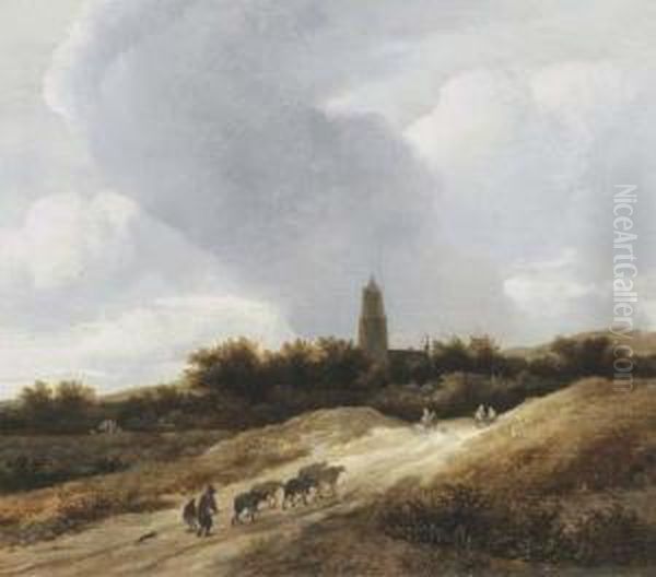 A Dune Landscape With Travellers, Shepherds And Cattle On A Path, Achurch Tower Beyond Oil Painting by Guillam de Vos