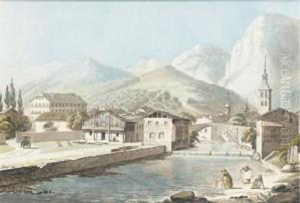 Vue De Sallanches, Avec L'hotel Bellevue Chez Lafin, La Chaine Des Aravis Au Fond Oil Painting by Jean-Baptiste Dubois