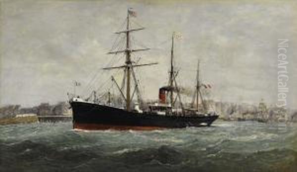 Le Ferdinand De Lesseps Leaving Le Havre Harbor Oil Painting by Louis Alexandre Dubourg