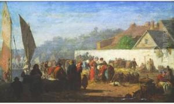 Le Marche A Honfleur, Circa 1865 Oil Painting by Louis Alexandre Dubourg