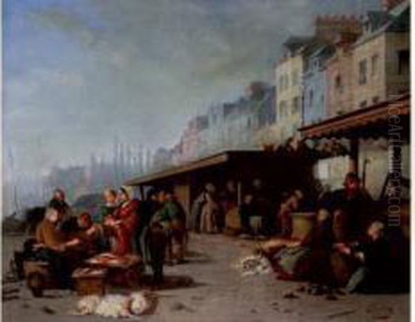 Le Marche A Honfleur Oil Painting by Louis Alexandre Dubourg