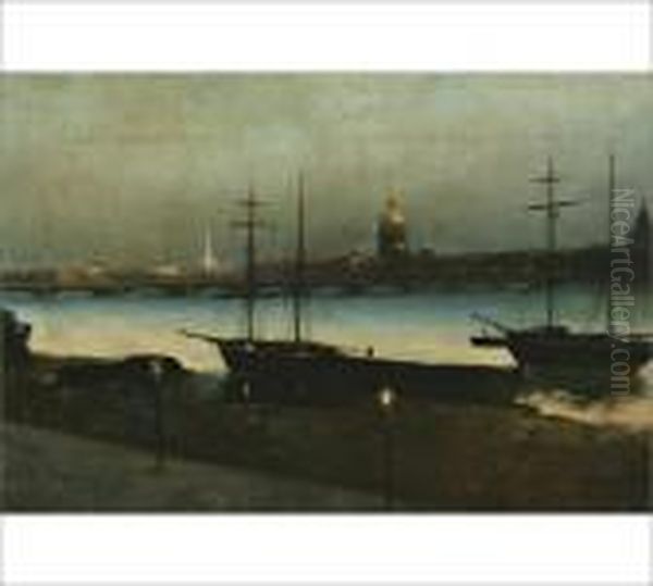 St Petersburg By Night, The Admiralty And St Isaac's Cathedral From The Neva River Oil Painting by Nikolai Nikanorovich Dubovsky