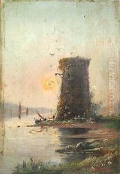 Lakescape With Sailboats And Structure Oil Painting by Nikolai Nikanorovich Dubovsky