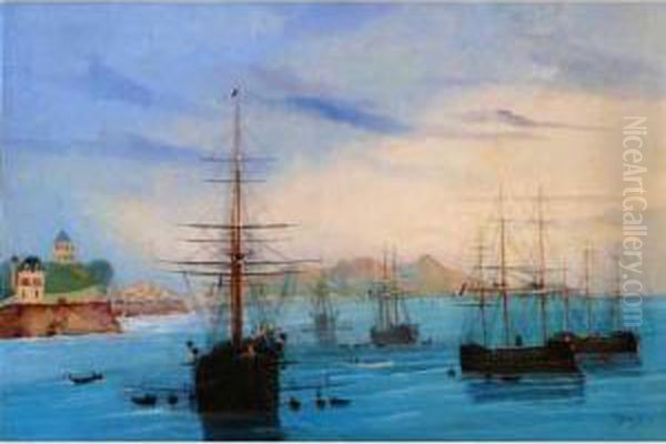 La Flotte Francaise Dans La Rade De Marseille. Oil Painting by Cheri Francois Dubreuil