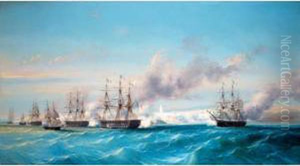 The French Naval Bombardment Of Mogador, Morocco, 15th August 1844 Oil Painting by Cheri Francois Dubreuil