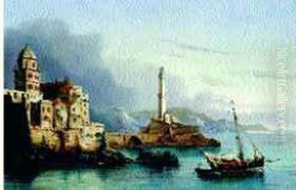 Embarcations De Pecheurs Aux Abords D'un Port Oil Painting by Cheri Francois Dubreuil