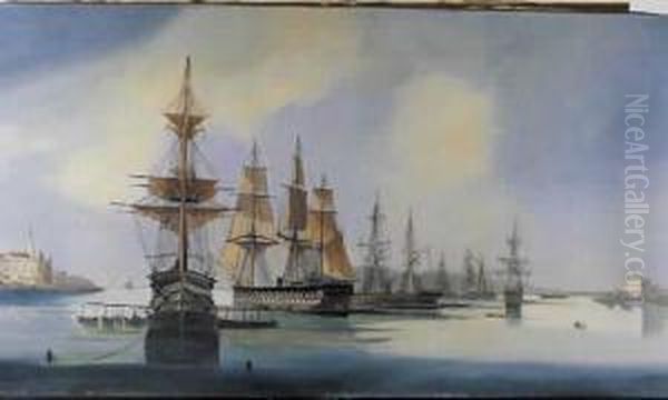 Cheri Flotte Francaise Dans Un 
Avant Port. Grands Vaisseaux Amarres, Chaloupe De Service, 
Fortifications Oil Painting by Cheri Francois Dubreuil