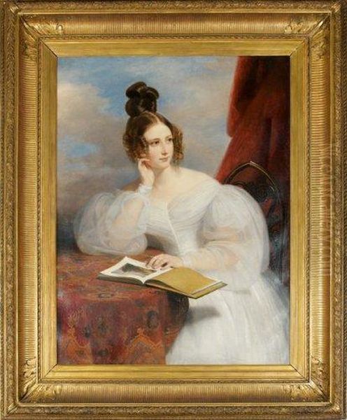 Portrait De Jeune Femme En Blanc Lisant Oil Painting by Claude-Marie Dubufe