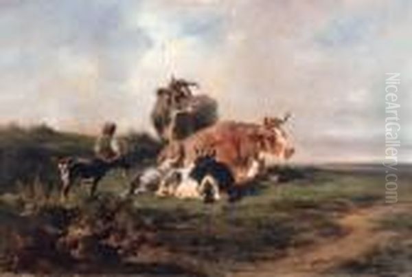 A Young Drover With Cattle And Goats In An Extensivelandscape Oil Painting by Alexandre Dubuisson