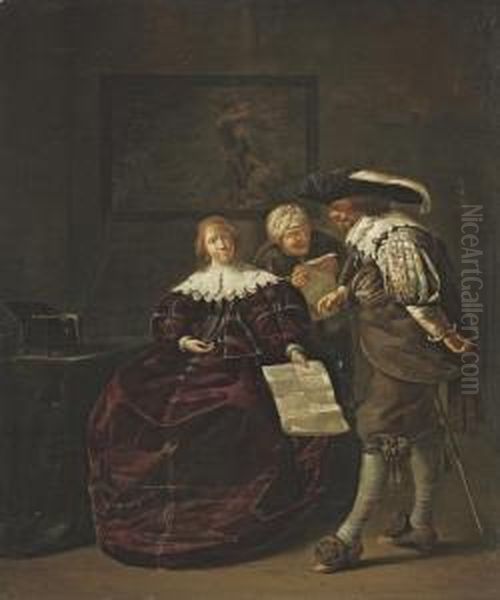 A Lady Presenting A Letter To A Gentleman Oil Painting by Jacob Duck