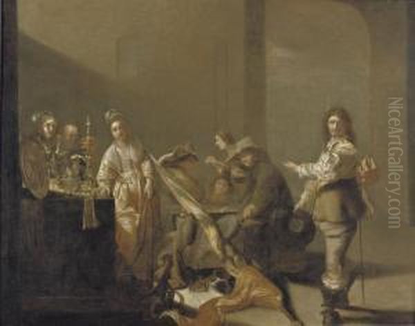 A Guardroom Interior With 
Soldiers Gambling And Courtesans Standing By A Table With Silverware Oil Painting by Jacob Duck