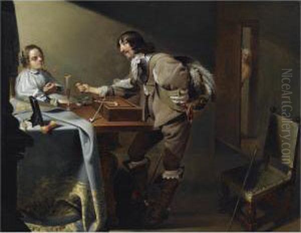 An Interior Scene With A 
Cavalier Offering A Flower To A Lady, While Making An Obscene Gesture Oil Painting by Jacob Duck