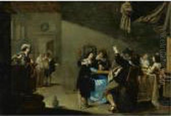 Card Players And Merrymakers Drinking In An Interior Oil Painting by Jacob Duck