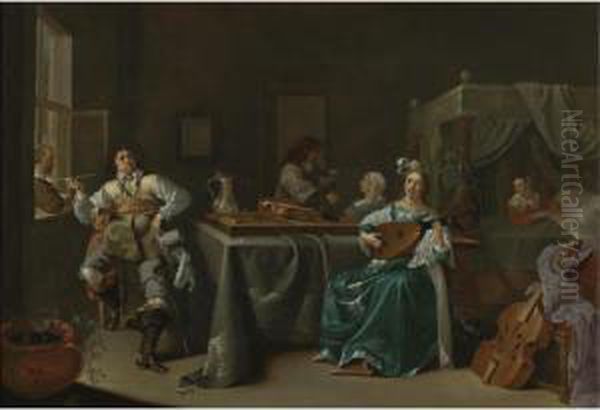 A Merry Company In An Interior Oil Painting by Jacob Duck