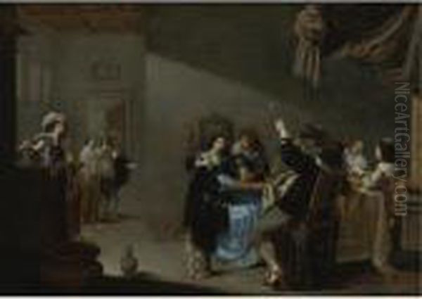 Card Players And Merrymakers In An Interior Oil Painting by Jacob Duck