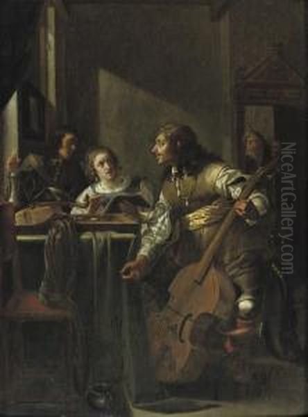 An Elegant Company Making Music In An Interior Oil Painting by Jacob Duck