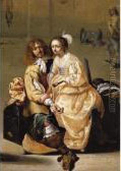 A Guardroom Interior With A Cavalier Holding A Coin, A Courtesan Sitting On His Knee Oil Painting by Jacob Duck