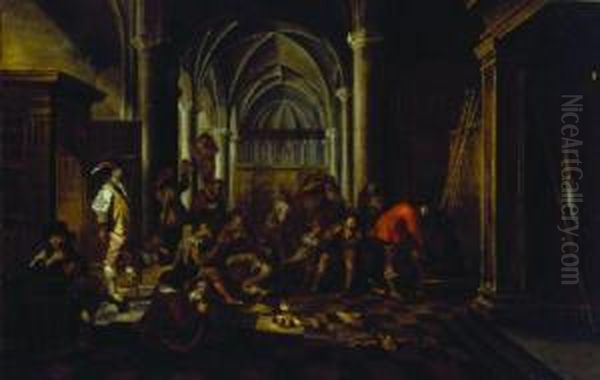 Soldiers And Followers Encamped In A Church Oil Painting by Jacob Duck