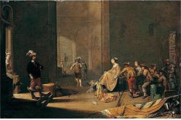 A Palatial Guardroom Interior With Soldiers And Courtesans Conversing Oil Painting by Jacob Duck