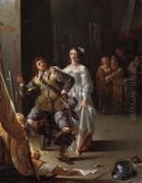 A Kortegaardje: A Woman Flirting With An Ensign In An Inn Oil Painting by Jacob Duck