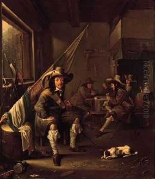 An Ensign Seated By A Barrel In A
 Guardroom, Officers Playing Atcards By A Chimney Beyond Oil Painting by Jacob Duck