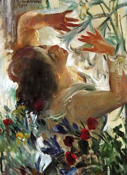 Woman with Lilies in a Greenhouse Oil Painting by Lovis (Franz Heinrich Louis) Corinth