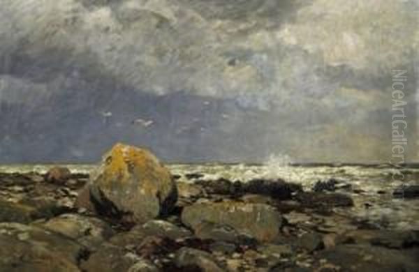 Cliff Beach By The Baltic Sea. Signed Lower Left: E. Ducker Oil Painting by Eugene Gustav Ducker