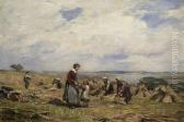 Hay Harvest On The Banks Of A Lagoon Area Oil Painting by Eugene Gustav Ducker