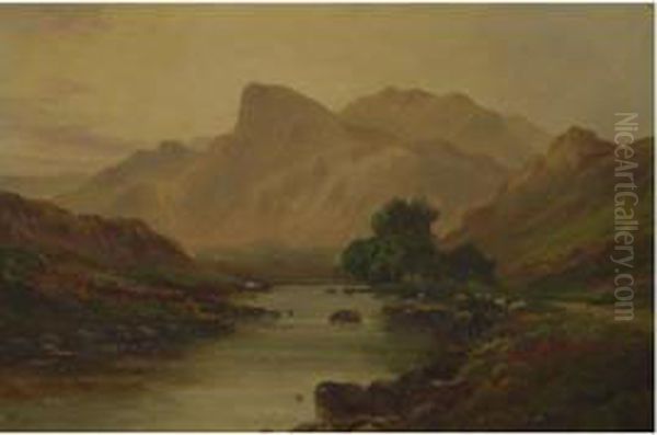 Scene From The Scottish Highlands Featuring Sheep And A River Oil Painting by Jack Ducker