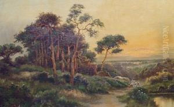 Figures Beside A Pond; And Sheep On A Track Oil Painting by Jack Ducker