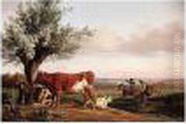 Landscape With Cattle Resting Before A Willow Tree, Boys Riding Mules Beyond Oil Painting by Jean-Antoine Duclaux