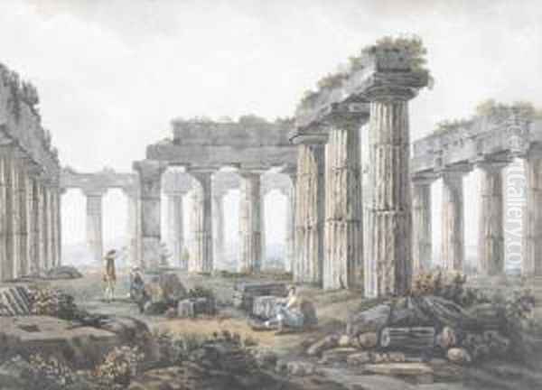 Innenansicht Eines Tempels Von Paestum. Oil Painting by Abraham Louis R. Ducros