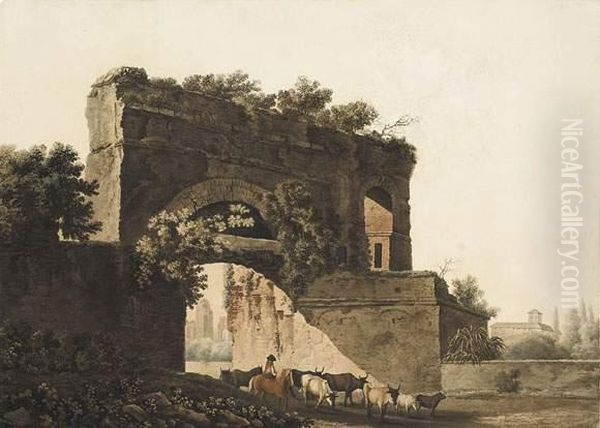 Berger A Cheval Et Troupeau Passant Sous Une Arche Romaine. Oil Painting by Abraham Louis R. Ducros