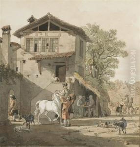 Deux Cavaliers Avec Leurs Chevaux Pres D'une Auberge Animee Depersonnages Et D'animaux Oil Painting by Abraham Louis R. Ducros